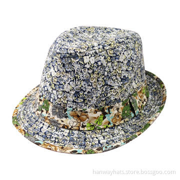 Fashion allover floral print women's fedora hat with contrast hat band and binding